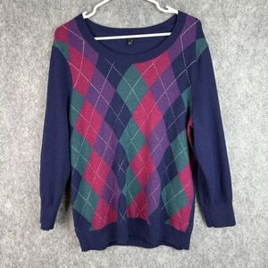 Talbots Argyle Sweater L Preppy Academia Blue Purple Metallic Thread‎ Wool Blend